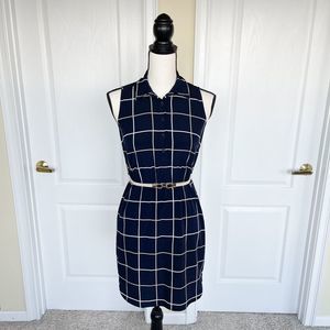 Ann Taylor XSP Extra Small Petite Checkered Navy Beige Contrast Collared Knee Le